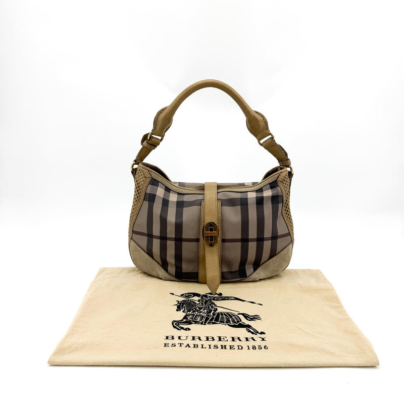 Burberry Ashwood Convertible Hobo House Check Canvas Beige Suede