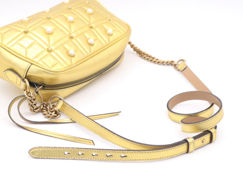 Gucci Pearly Gg Marmont Embellished Matelasse Leather Gold Bag