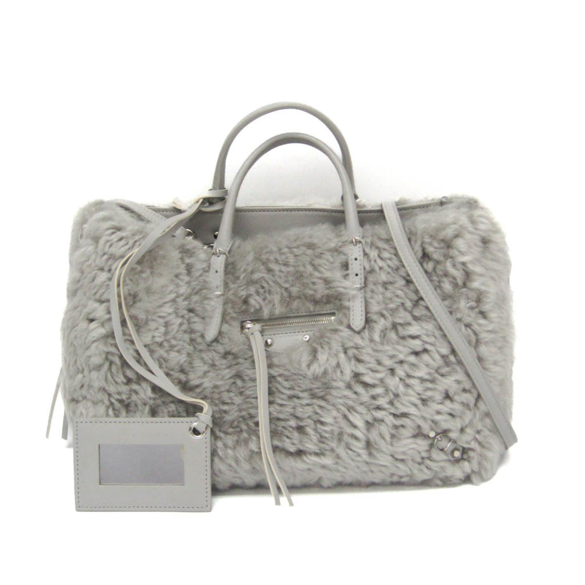 Balenciaga Papier A6 Zip Around Classic Studs Shearling Gray Faux_fur Bag