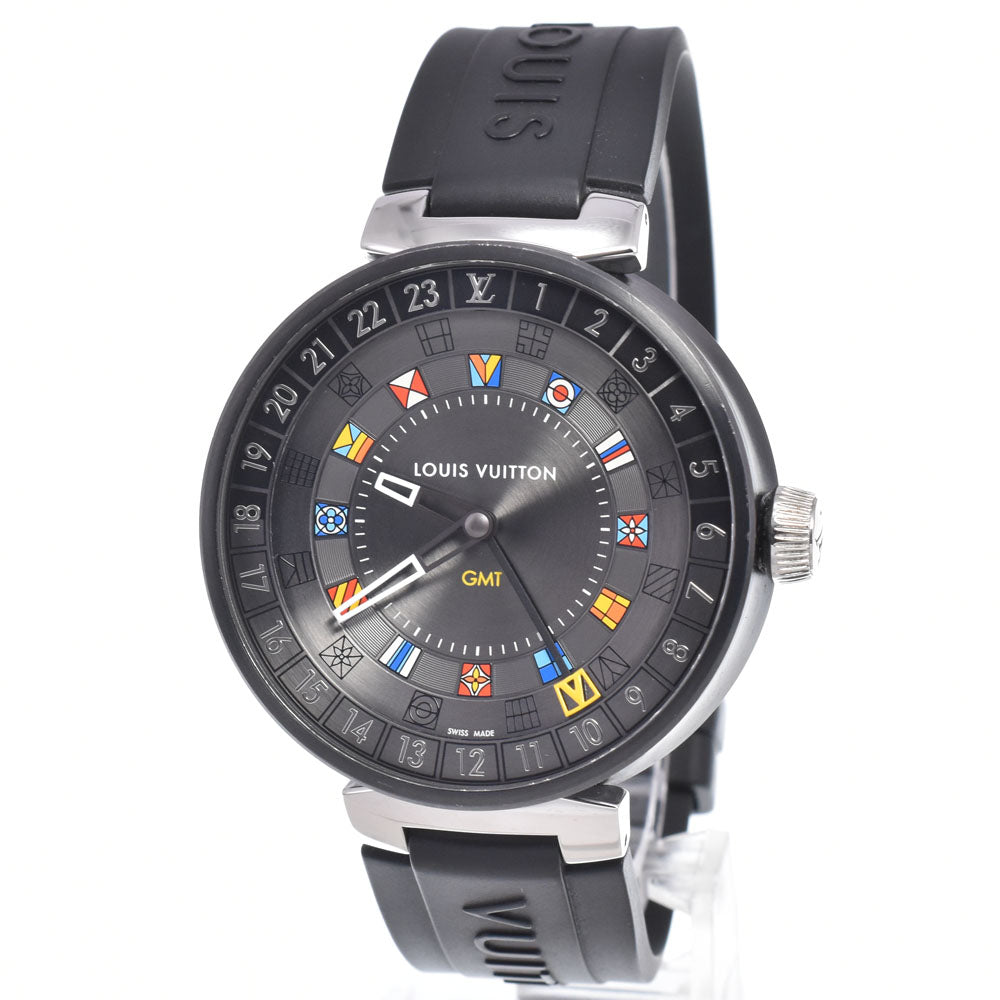 Louis Vuitton Tambour Moon Dual Time Quartz Stainless Steel With Diamond Lugs And Markers Leather Watches