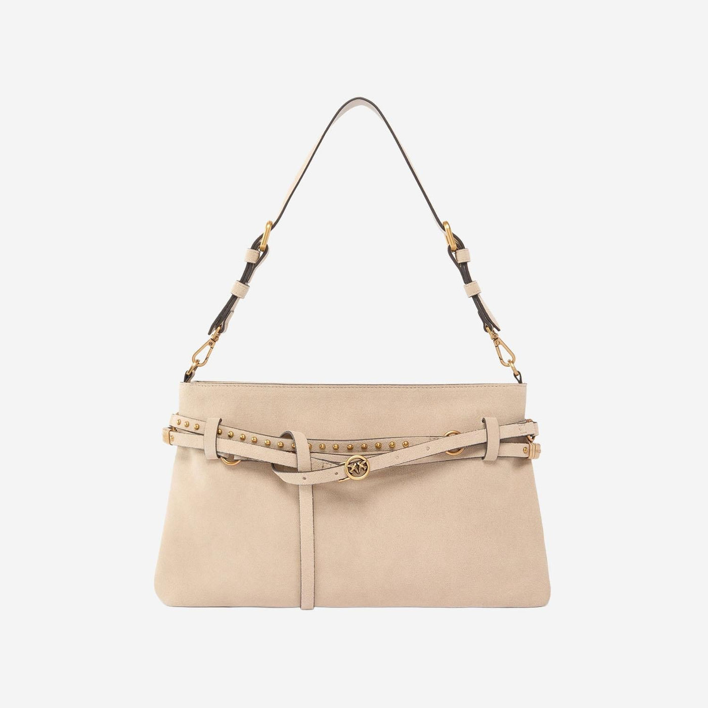 Pinko Studded Suede Shoulder Bag — Beige