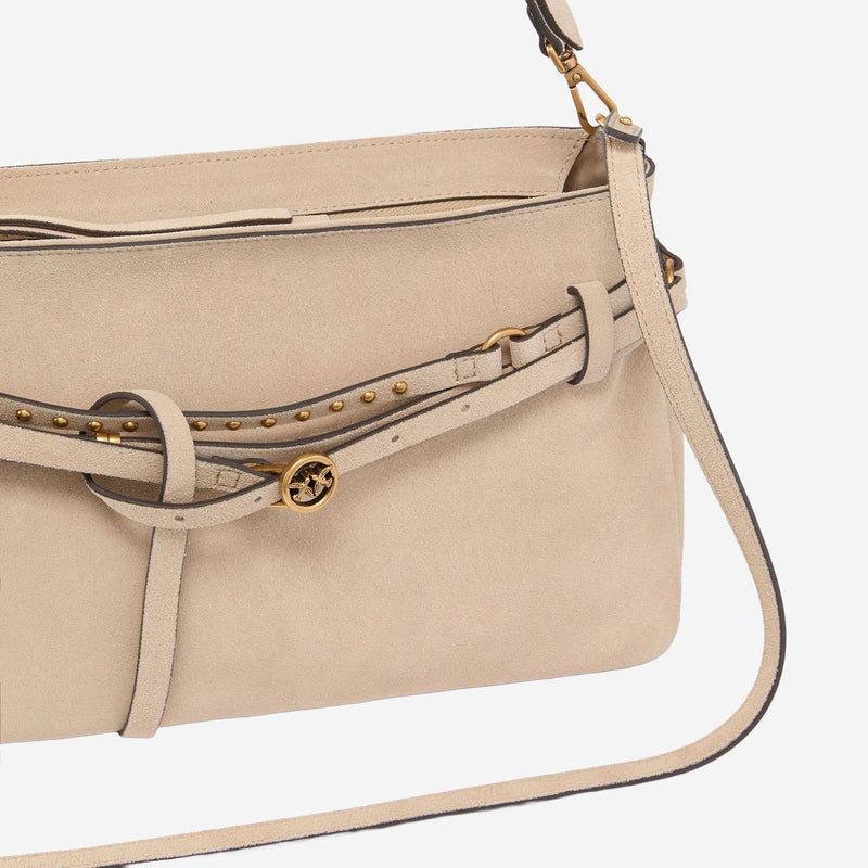 Pinko Studded Suede Shoulder Bag — Beige