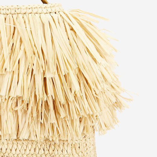 Saint Laurent Fringed Raffia Shoulder Bag — Beige
