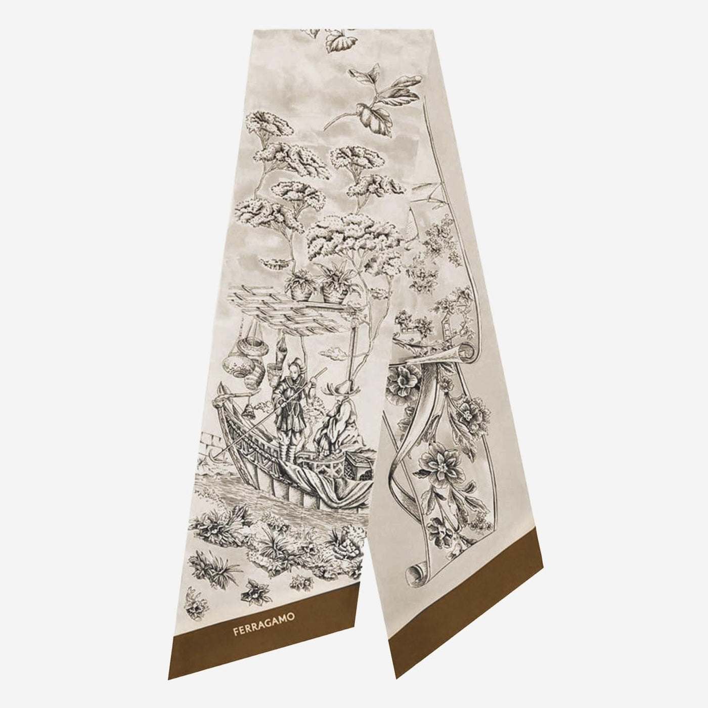 Ferragamo Voyage Print Silk Scarf — Beige Scarfs
