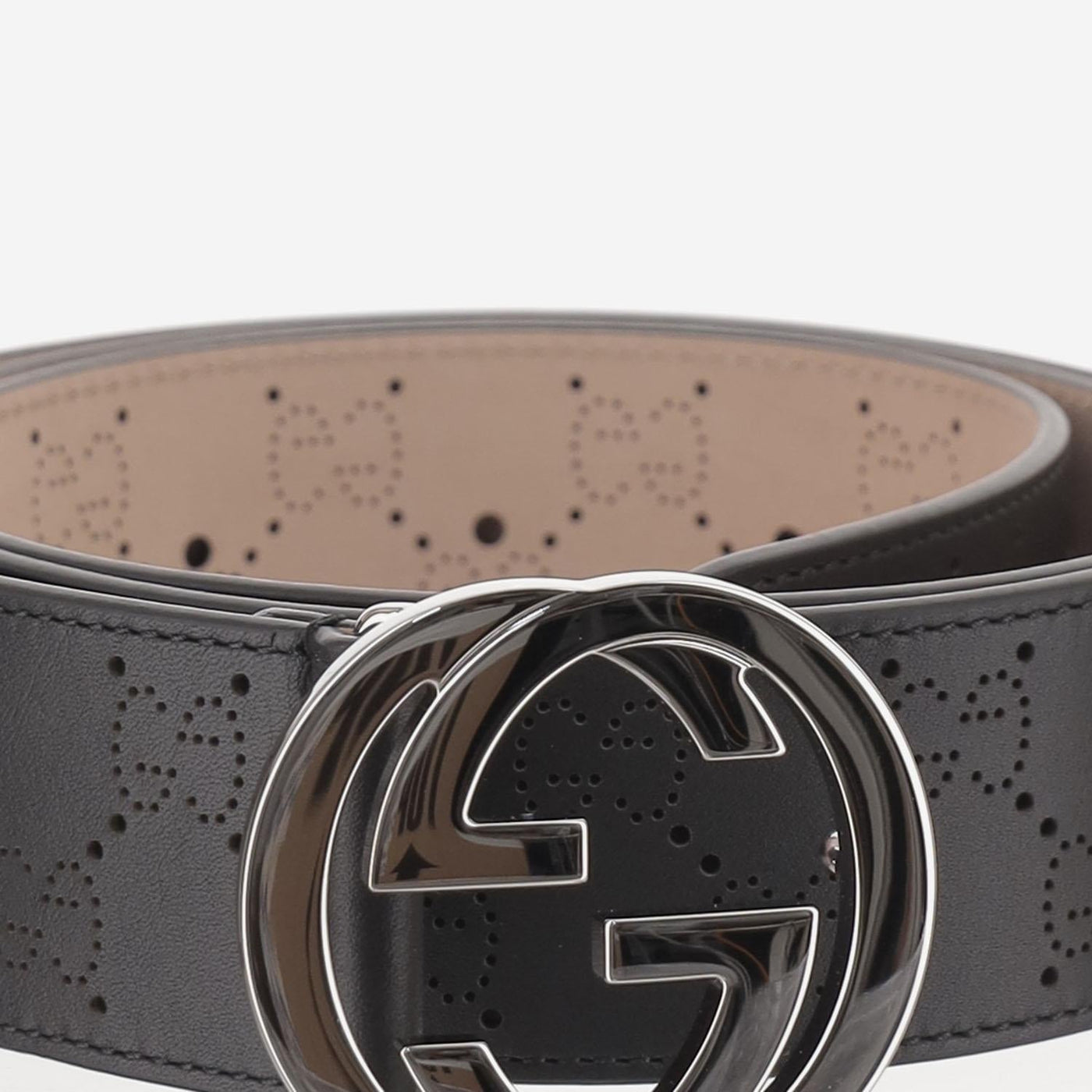 Gucci Perforated Gg Double G Buckle Belt — Black Leather