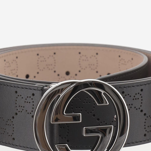 Gucci Perforated Gg Double G Buckle Belt — Black Leather