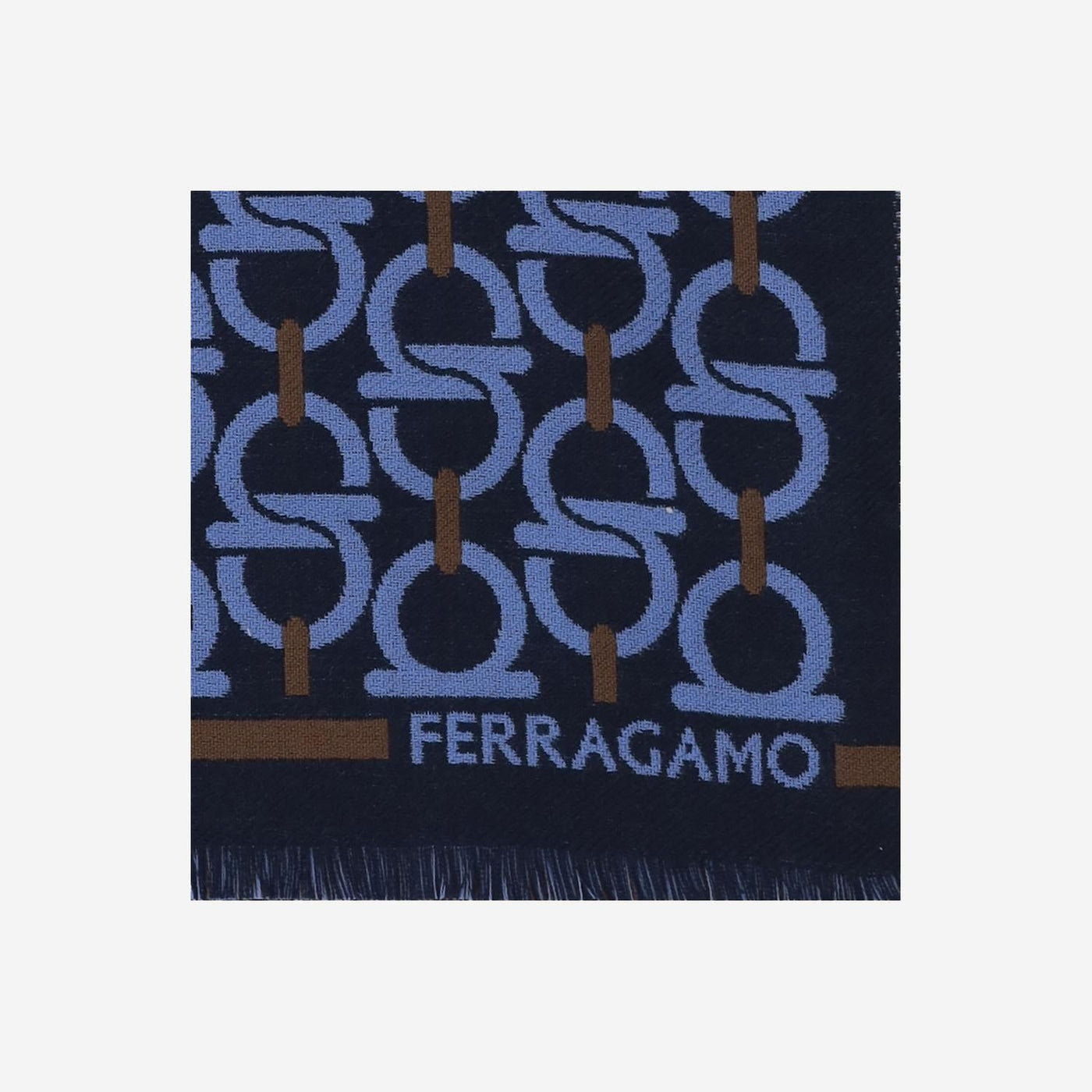 Ferragamo Hook-Pattern Wool Scarf — Navy Scarfs