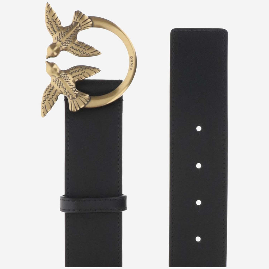 Pinko Love Birds Buckle Belt — Black Leather