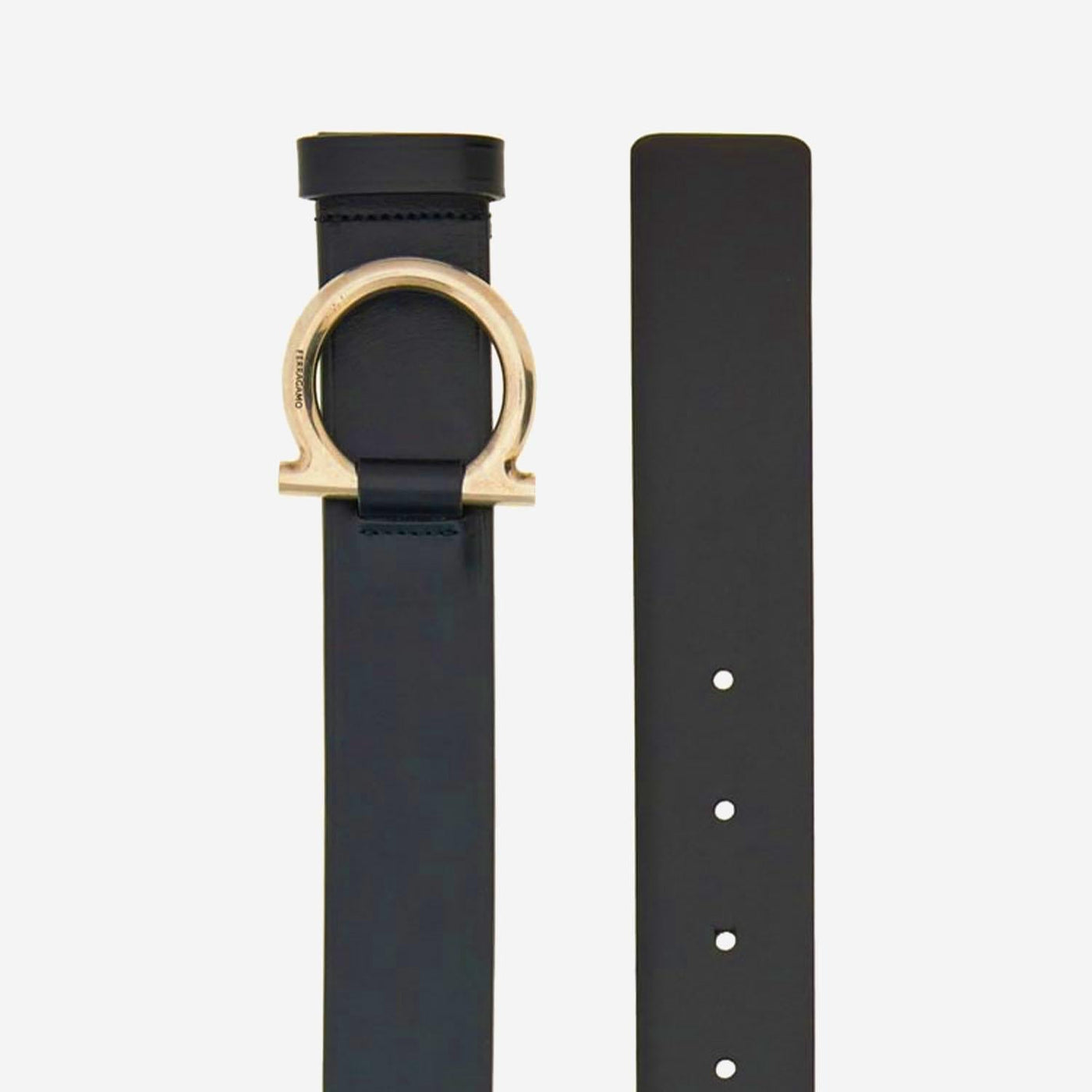 Ferragamo Calfskin Leather With Signature Golden Buckle Belt — Black