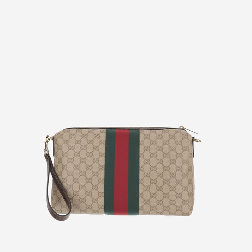 Gucci Gg Coated Canvas With Web Stripe Shoulder Bag — Beige Cotton