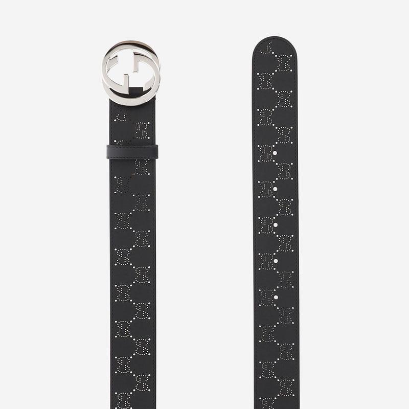Gucci Perforated Gg Double G Buckle Belt — Black Leather