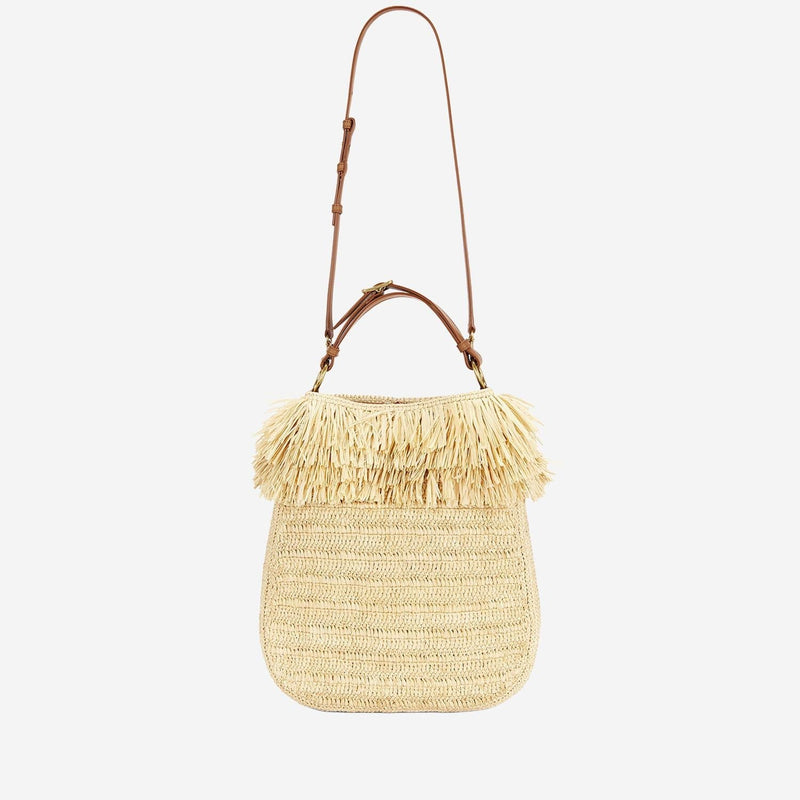 Saint Laurent Fringed Raffia Shoulder Bag — Beige