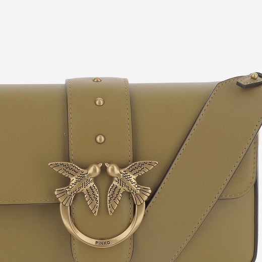 Pinko Sculptural Love Birds Buckle Shoulder Bag — Beige Leather