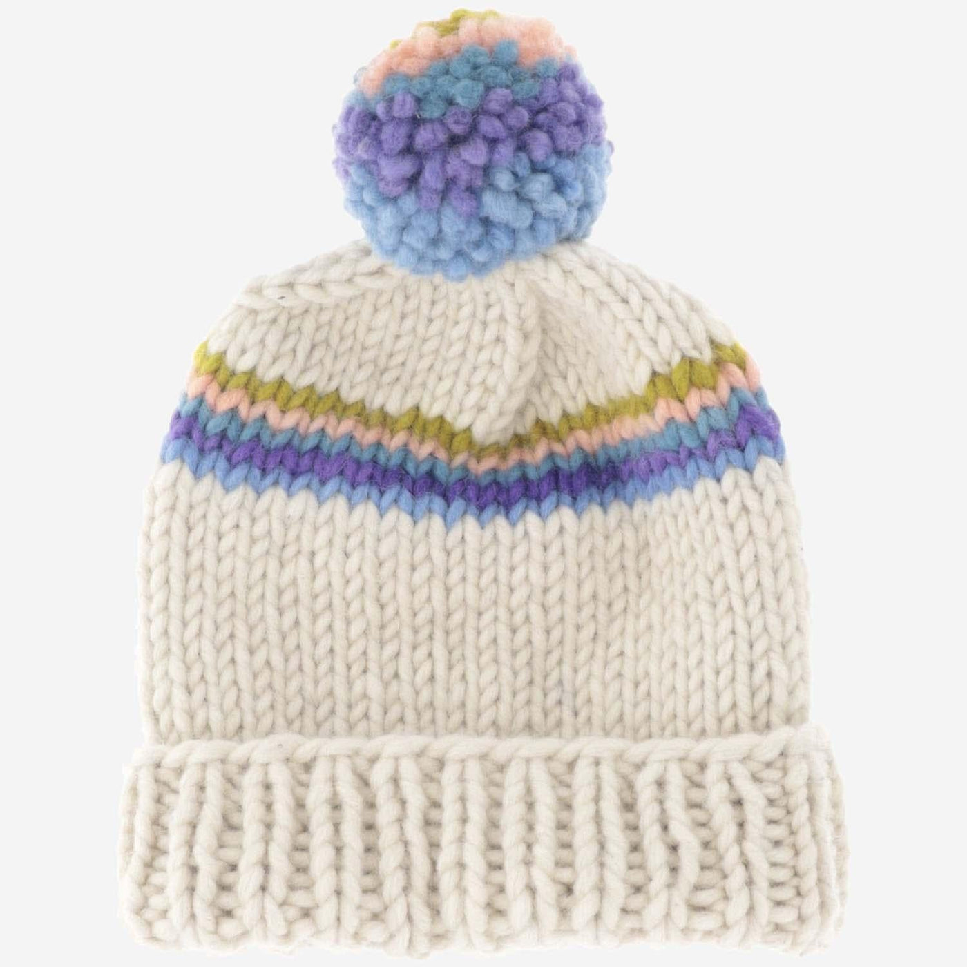Myssy Sompa Wool With Striped Pom Beanie — White Finnshep Beanies