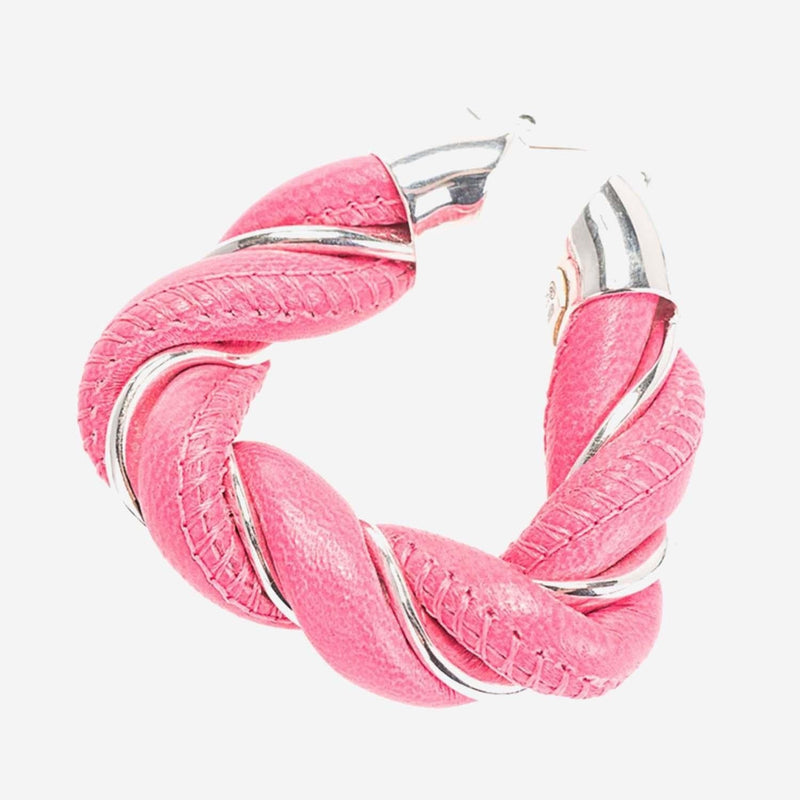 Bottega Veneta Silver And Lambskin Hoop Earrings — Pink