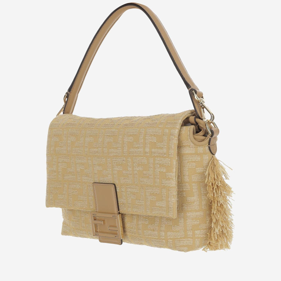 Fendi Leather Jacquard Shoulder Bag — Beige