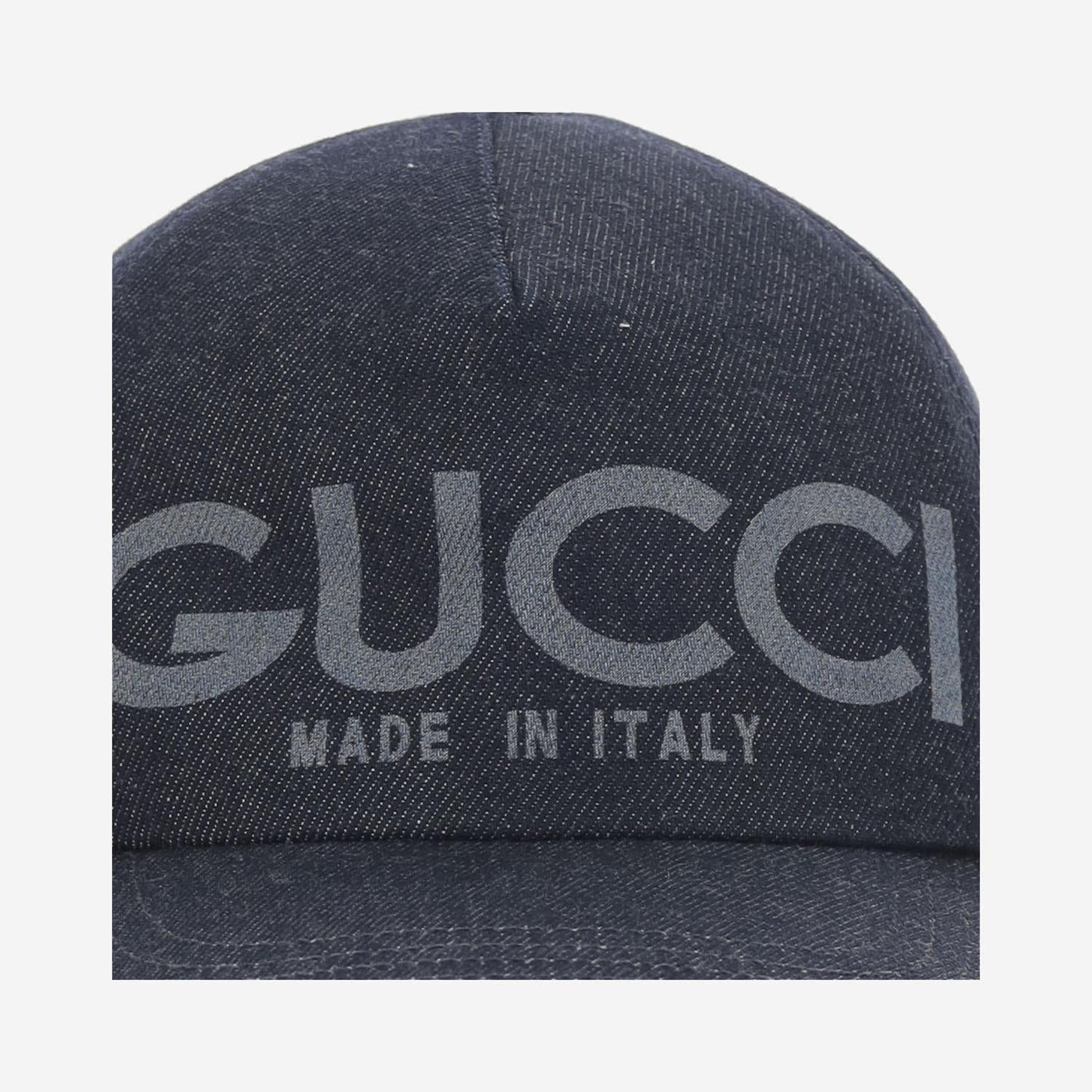 Gucci 812838 Laser-Etched Logo Denim Baseball Cap — Navy Cotton Caps