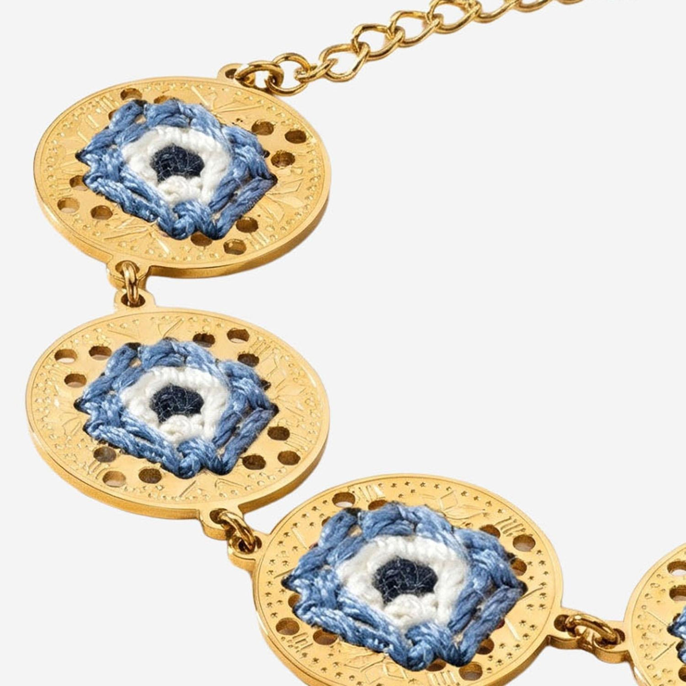 Leight Studio Hand-Embroidered Eye Medallion Bracelet — Gold Stainless Steel Bracelets