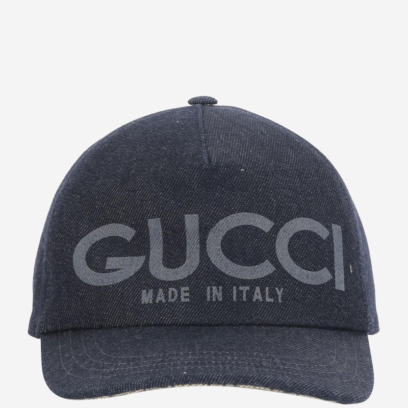 Gucci 812838 Laser-Etched Logo Denim Baseball Cap — Navy Cotton Caps