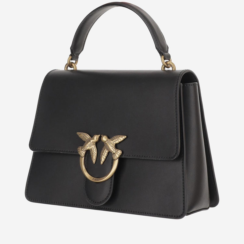 Pinko Leather With Logo Buckle Top Handle Bag — Black