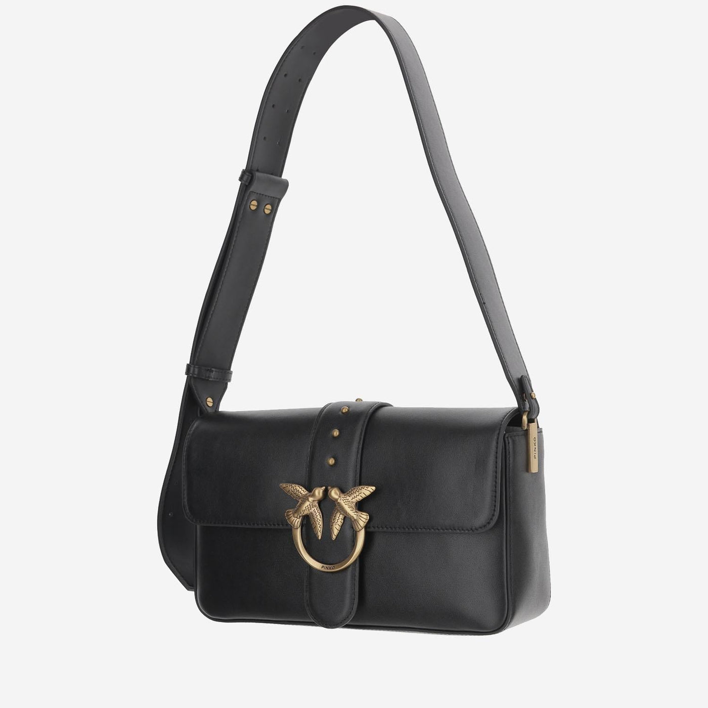 Pinko Love Birds Diamond Cut Buckle Shoulder Bag — Black Leather