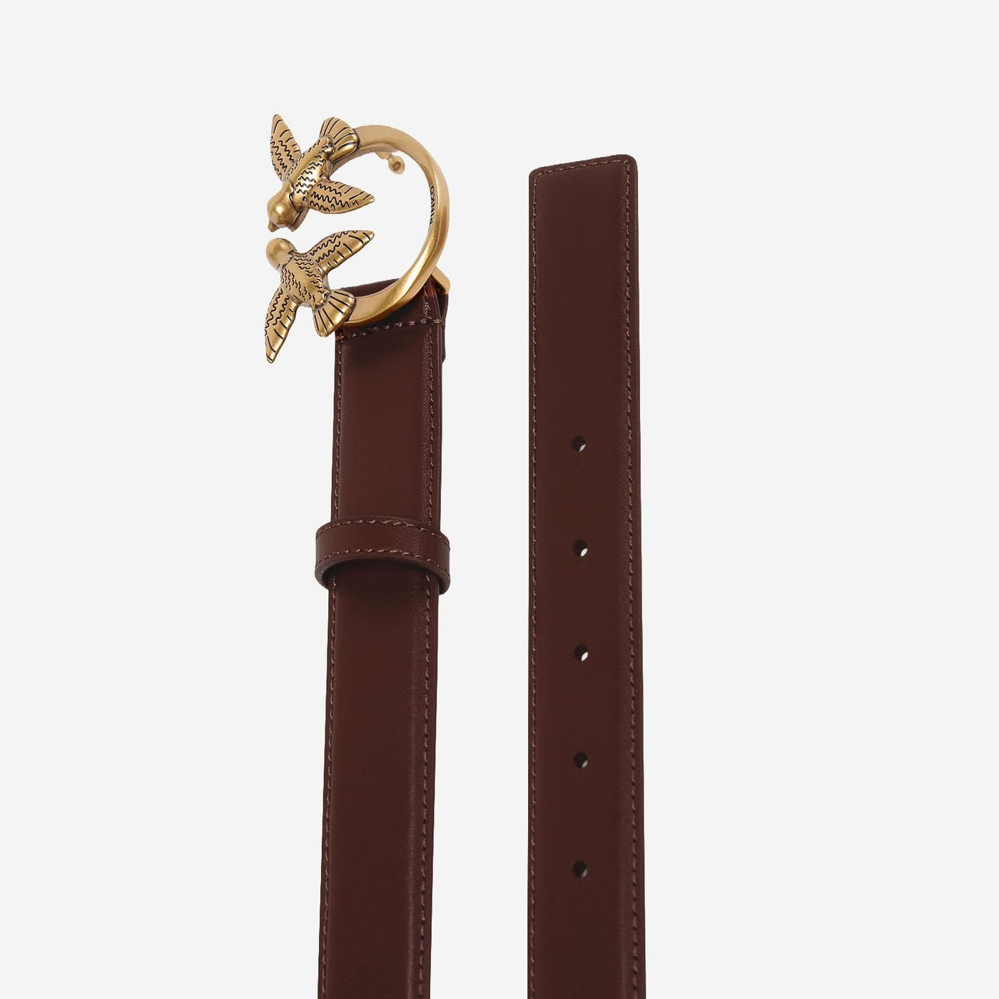 Pinko Love Birds Buckle Belt — Brown Calfskin Leather