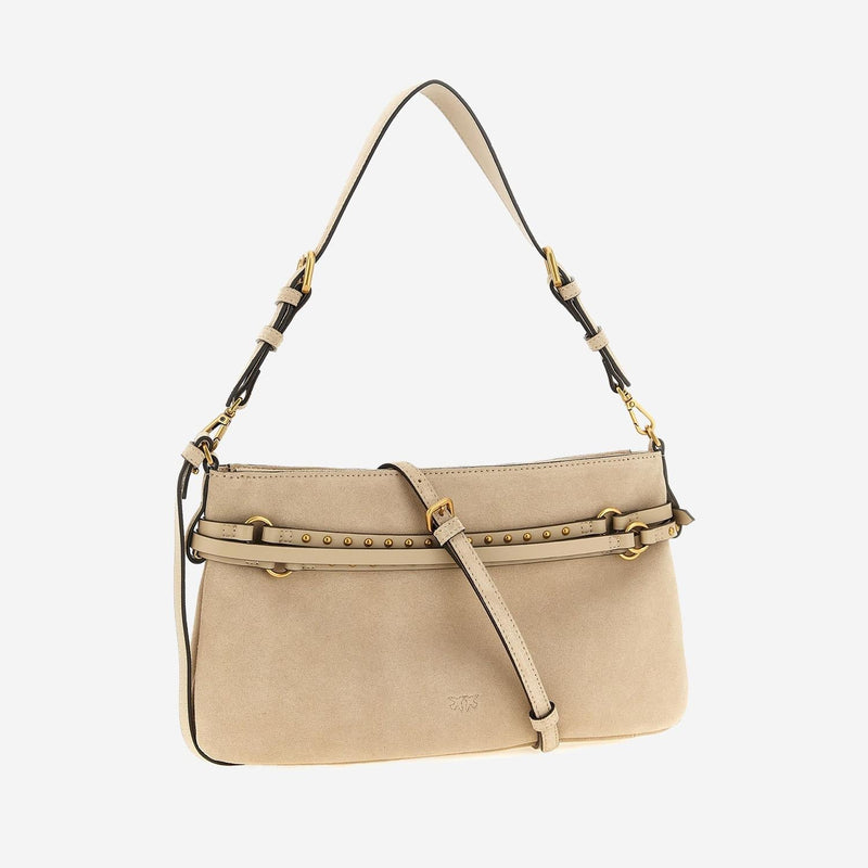 Pinko Studded Suede Shoulder Bag — Beige