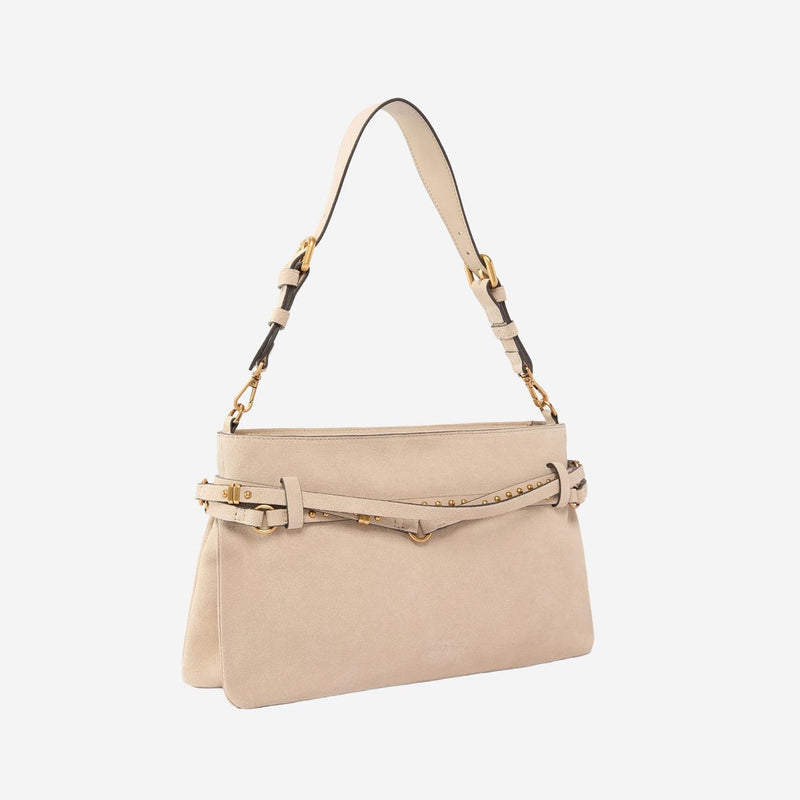 Pinko Studded Suede Shoulder Bag — Beige