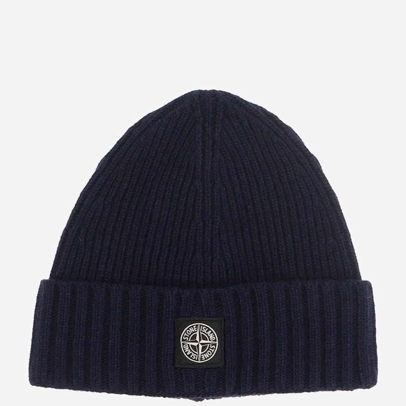Stone Island N100003 Wool-Blend Ribbed Beanie — Navy Beanies