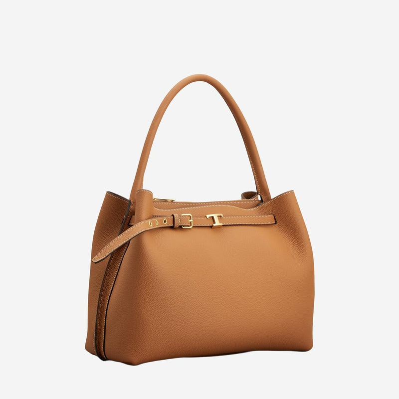 Tods Calfskin Leather With Logo Hardware Shoulder Bag — Brown