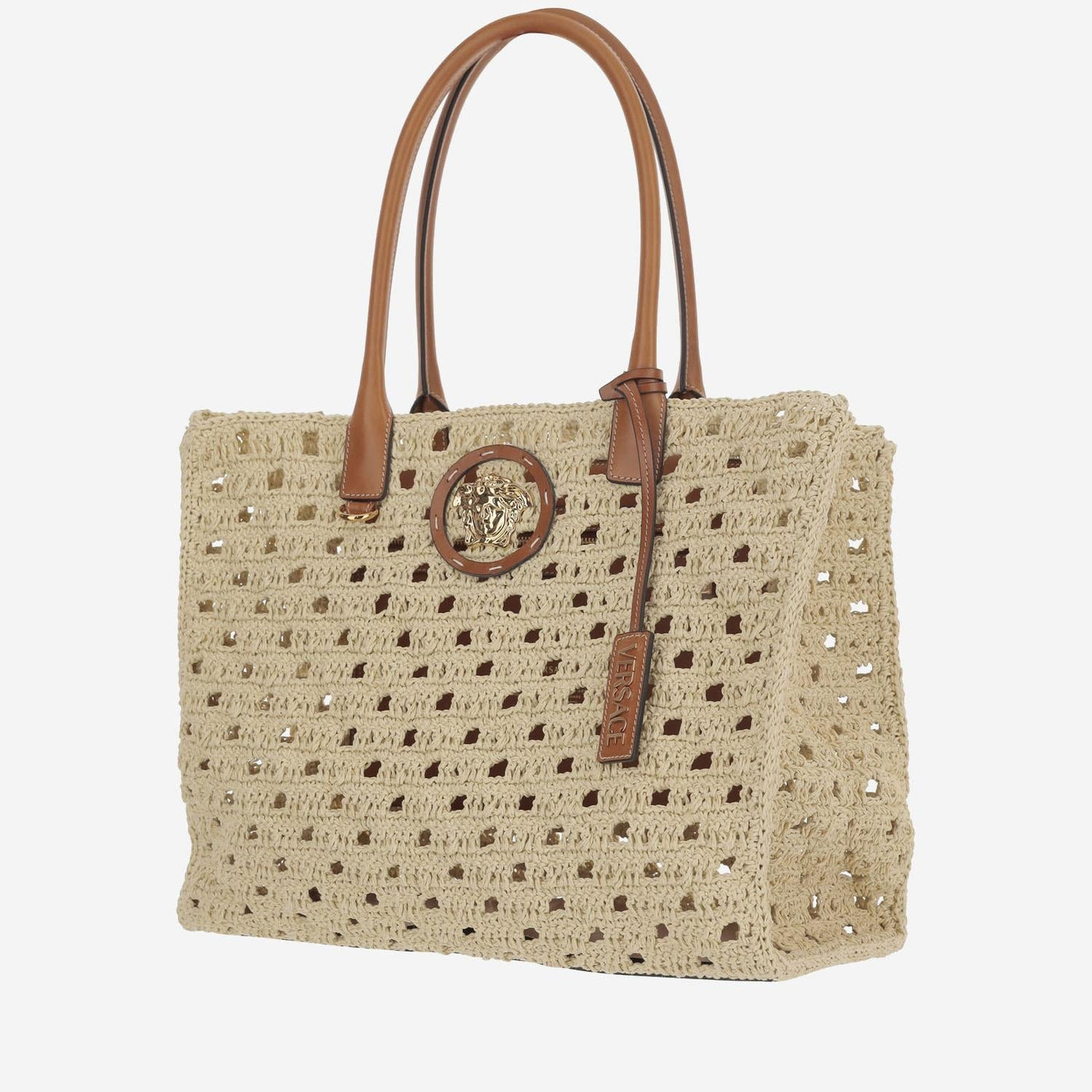 Versace Perforated Cotton Canvas Tote Bag — Beige