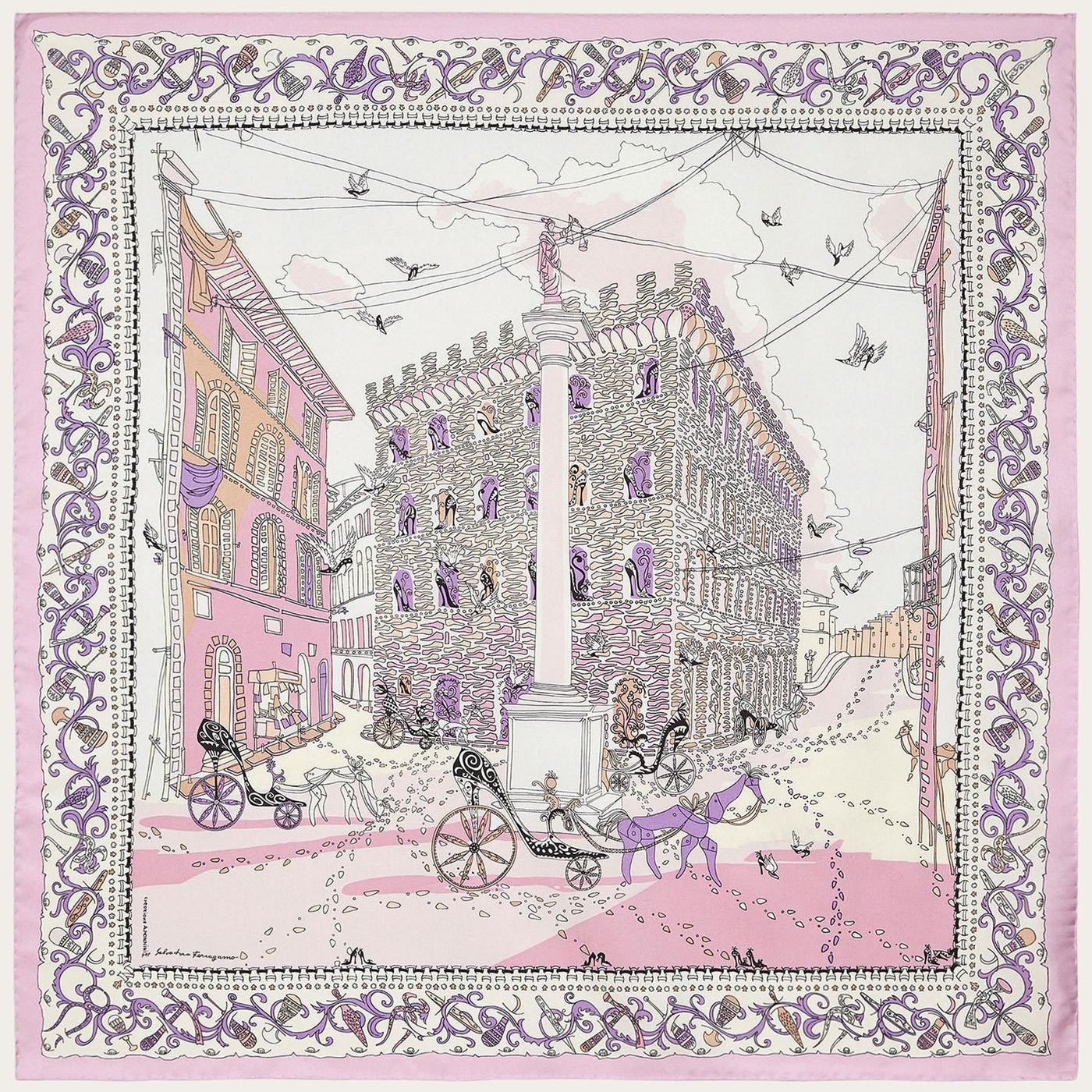 Ferragamo Voyage-Print Silk Scarf — Pink Scarfs