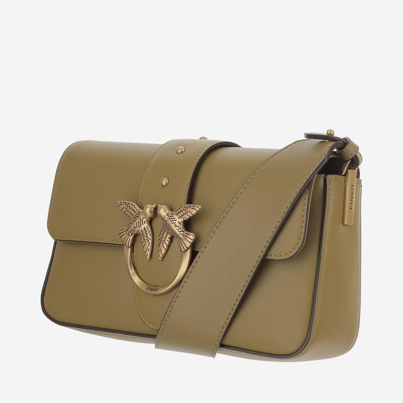 Pinko Sculptural Love Birds Buckle Shoulder Bag — Beige Leather