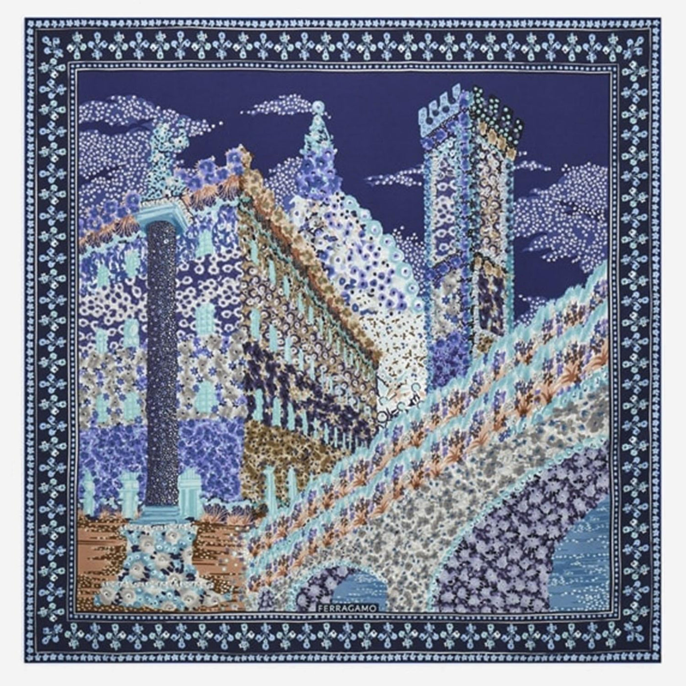 Ferragamo Palazzo Print Silk Scarf — Navy Scarfs