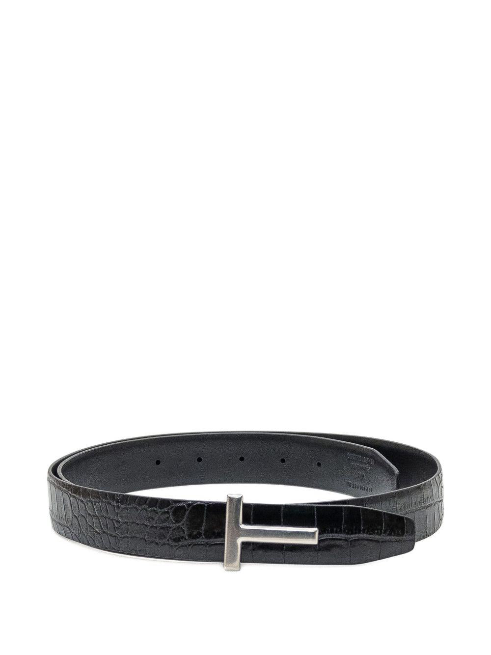Tom Ford Crocodile-Print Calf Leather T-Buckle Belt — Black