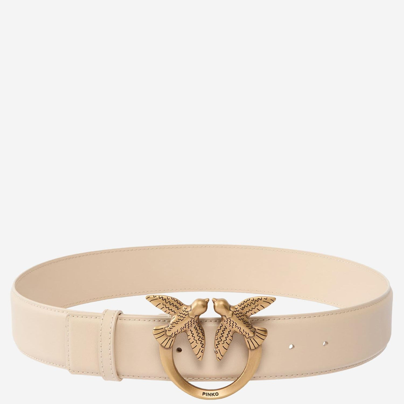 Pinko Love Birds Buckle Belt — Beige Leather