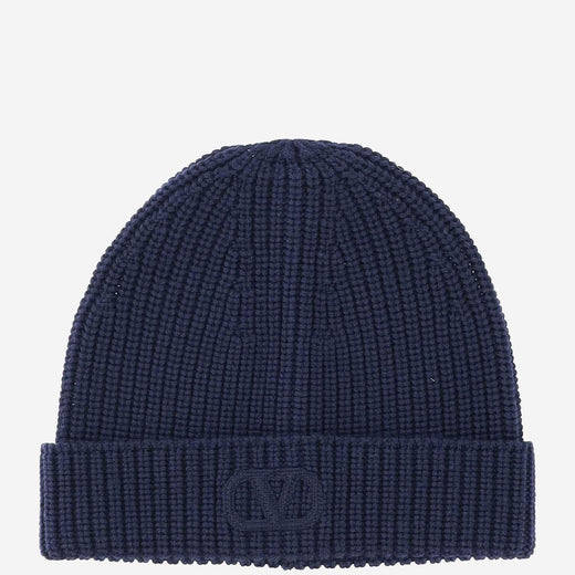 Valentino Garavani Yhb01lind Vlogo Chunky Knit Beanie — Navy Virgin Wool Beanies
