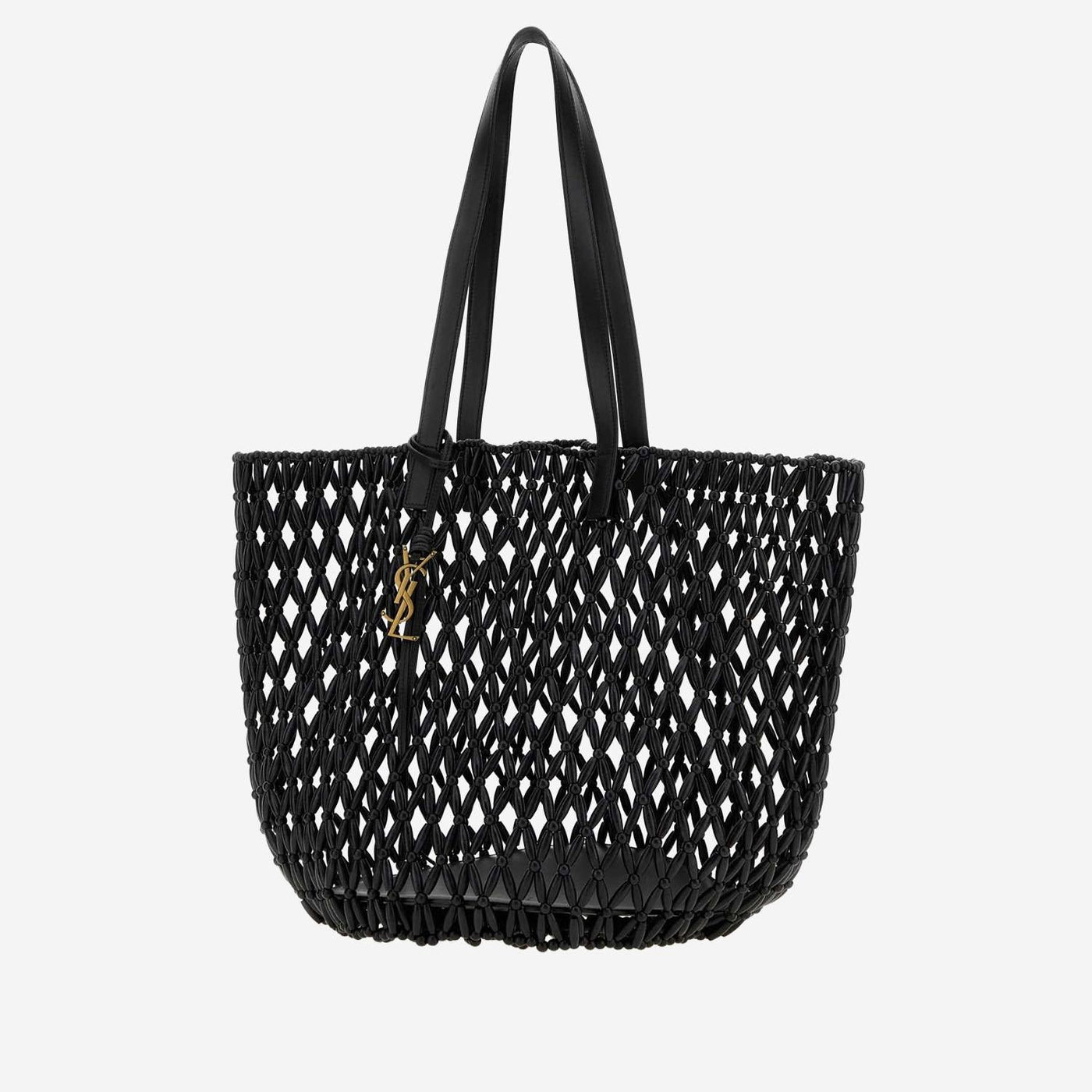 Saint Laurent Wooden Beaded Mesh Tote Bag — Black Leather And Wood