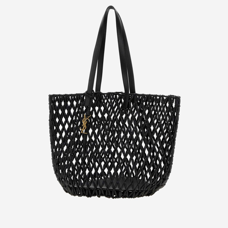 Saint Laurent Wooden Beaded Mesh Tote Bag — Black Leather And Wood
