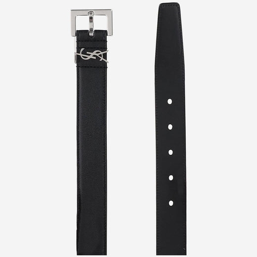 Saint Laurent Cassandre Logo Plaque Belt — Black Calfskin