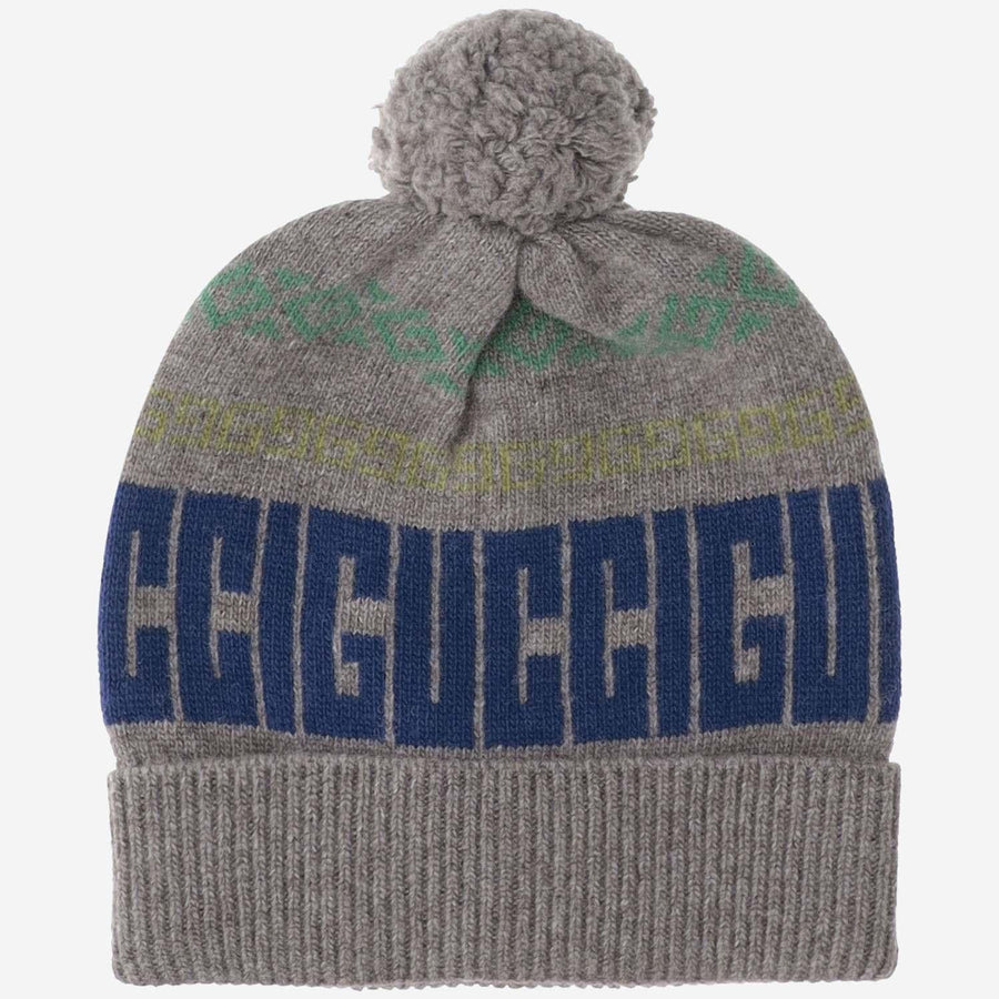 Gucci 793257 Logo Jacquard Wool Beanie — Gray Beanies