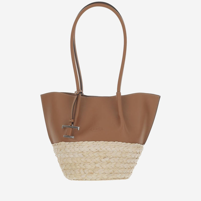 Tods Leather And Raffia Colour-Block Shoulder Bag — Brown