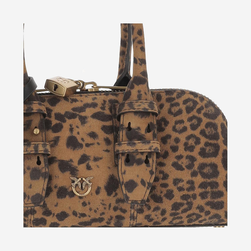 Pinko Leopard Print Leather Shoulder Bag — Brown
