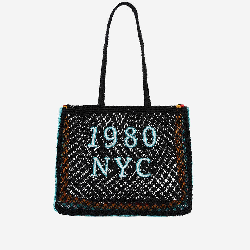 Wild Logo-Embroidered Raffia Tote Bag — Black