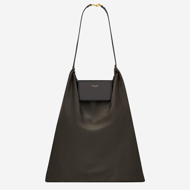 Saint Laurent Foldable Leather And Silk Satin Clutch — Brown