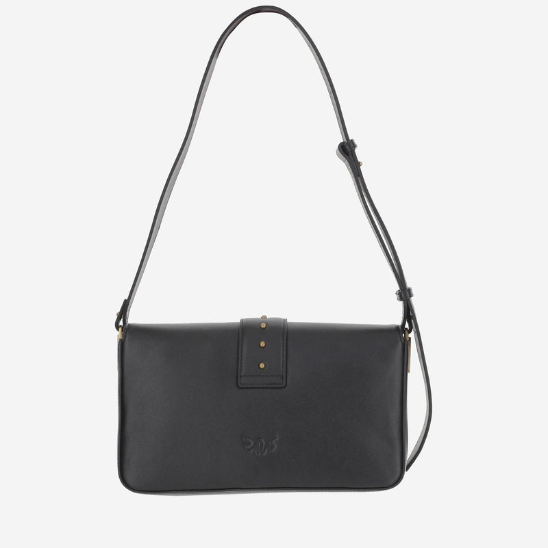 Pinko Love Birds Diamond Cut Buckle Shoulder Bag — Black Leather