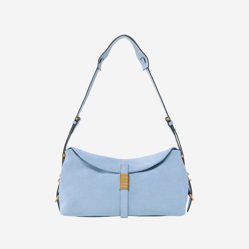 Pinko Suede Saddle Silhouette Shoulder Bag — Blue Leather