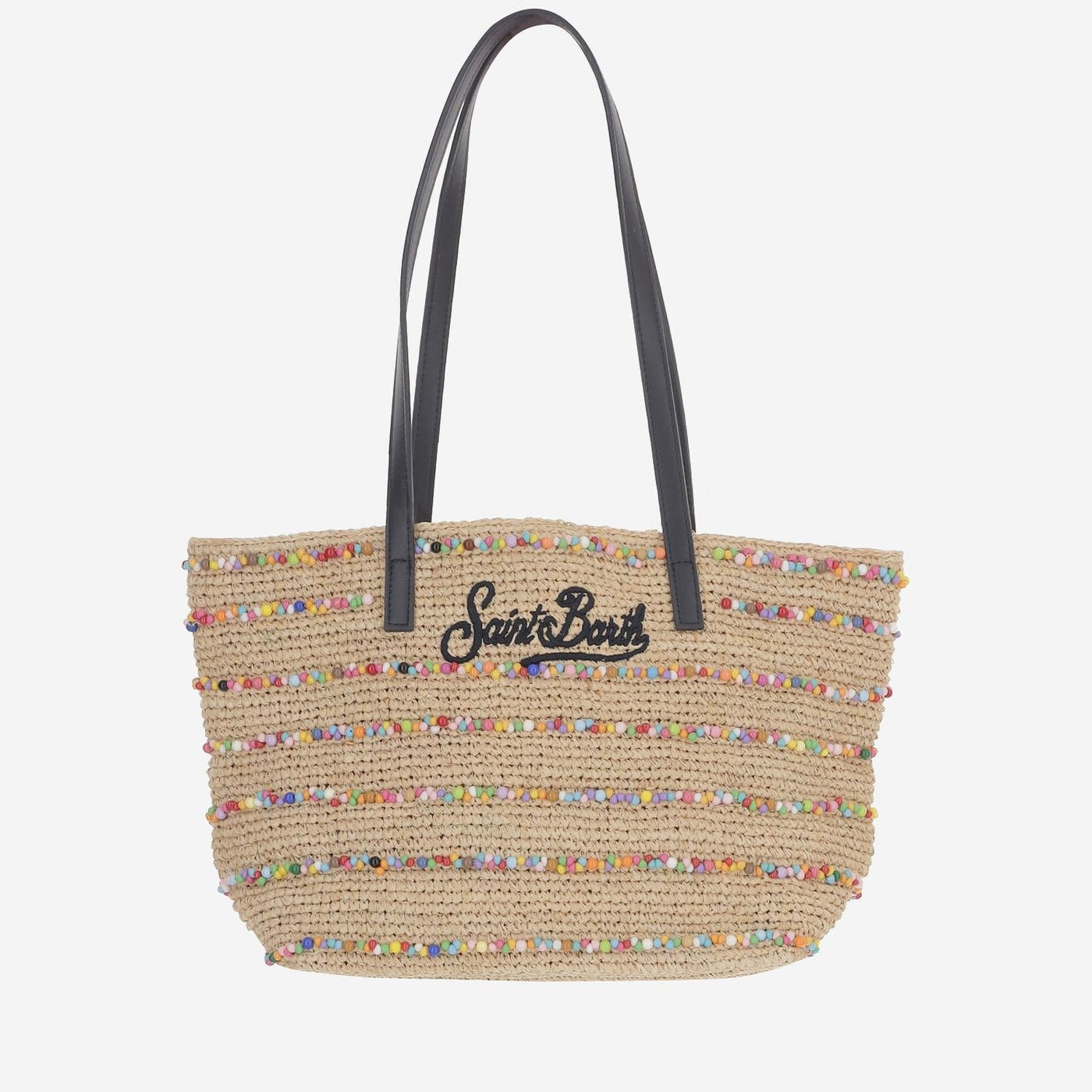 Mc2 Saint Barth Woven Raffia With Beaded Stripes Tote Bag — Beige