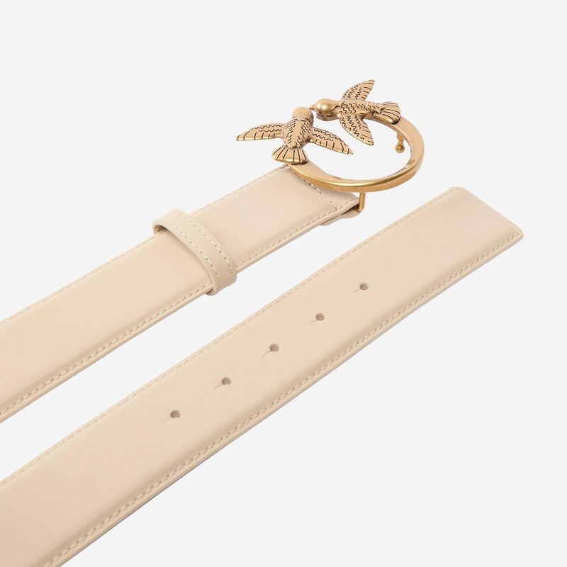 Pinko Love Birds Buckle Belt — Beige Leather