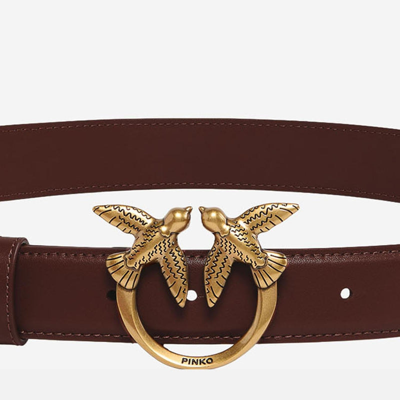 Pinko Love Birds Buckle Belt — Brown Calfskin Leather